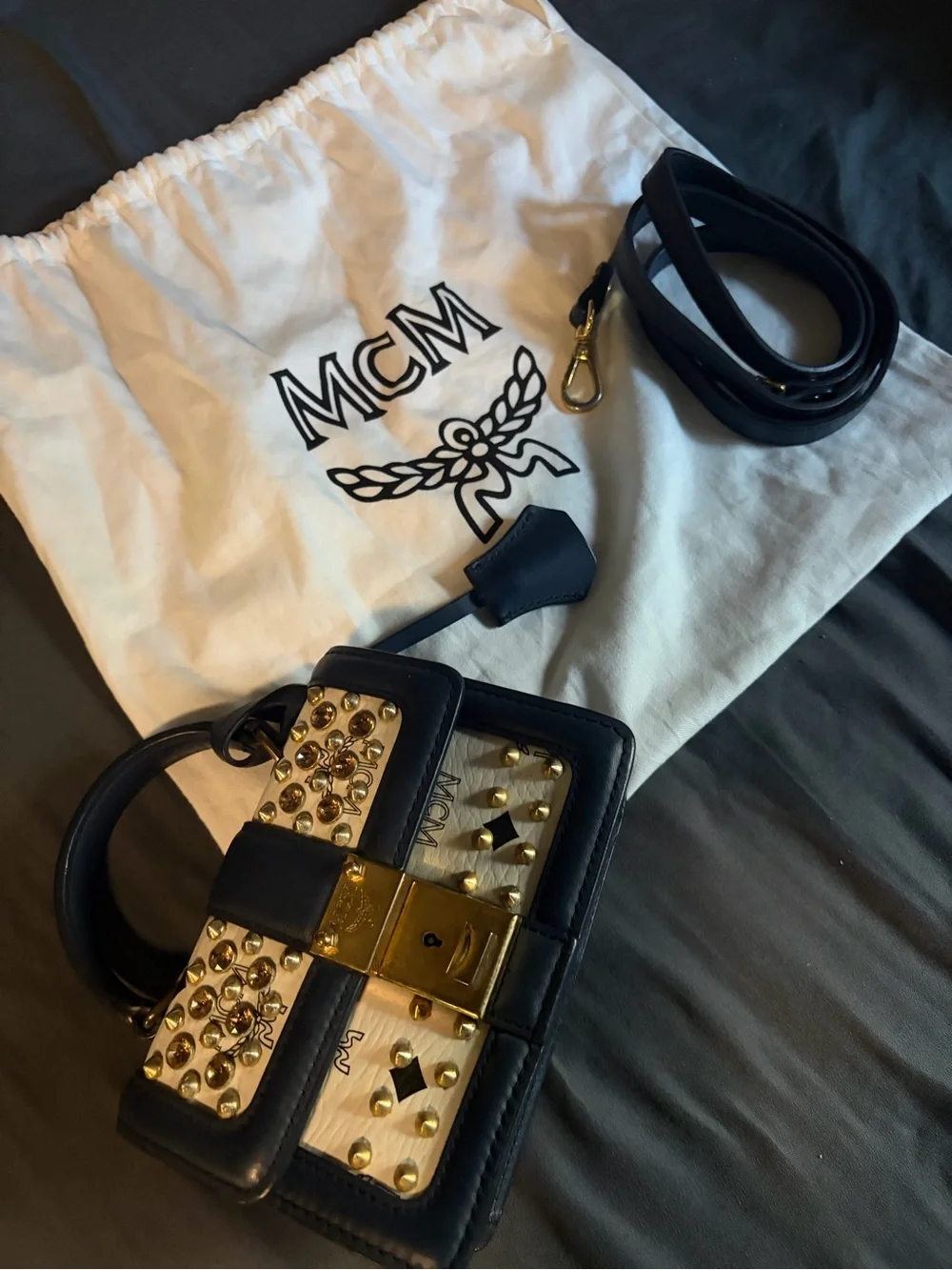 MCM Navy and Cream Studded Top-Handle Satchel with Gold Hardware